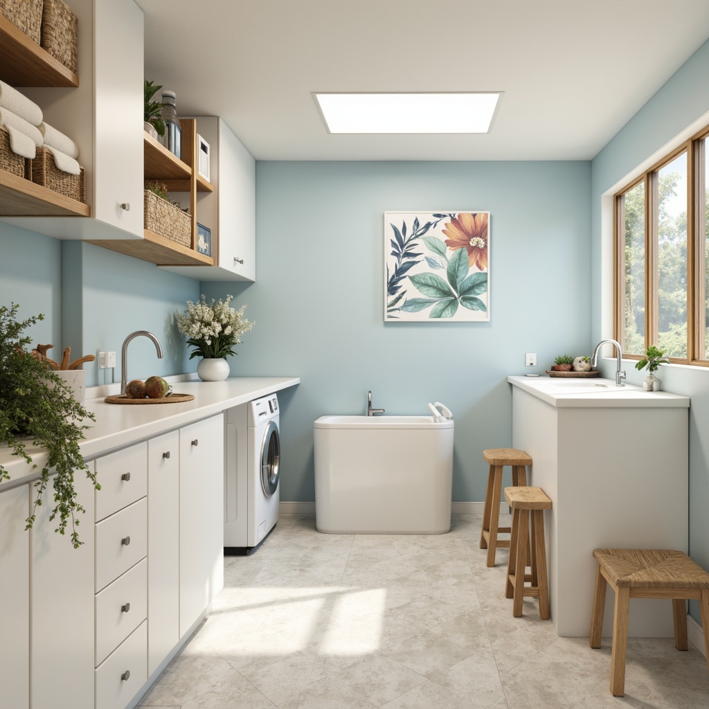 Prompt: Clean laundry room, soft pastel colors, creamy whites, gentle blues, warm beiges, natural wood tones, subtle texture accents, minimal ornamentation, functional shelving units, sleek appliances, modern faucets, crisp lighting, shallow depth of field, 1/2 composition, realistic reflections, ambient occlusion.