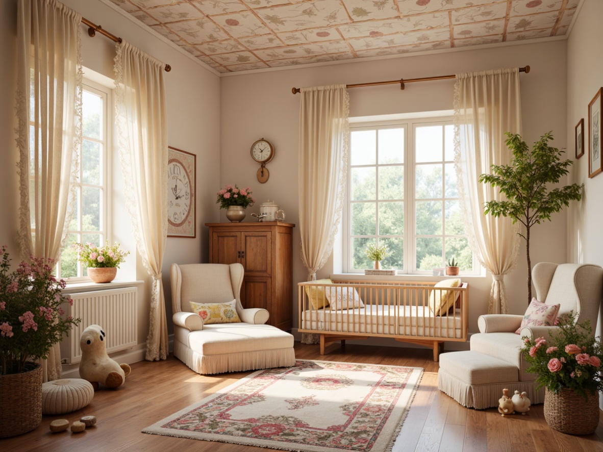 Prompt: Whimsical nursery, soft pastel colors, delicate florals, flowing curves, ornate furnishings, antique fixtures, lace drapery, velvet upholstery, intricately patterned rugs, organic shapes, botanical motifs, natural materials, warm golden lighting, shallow depth of field, 1/1 composition, realistic textures, ambient occlusion.