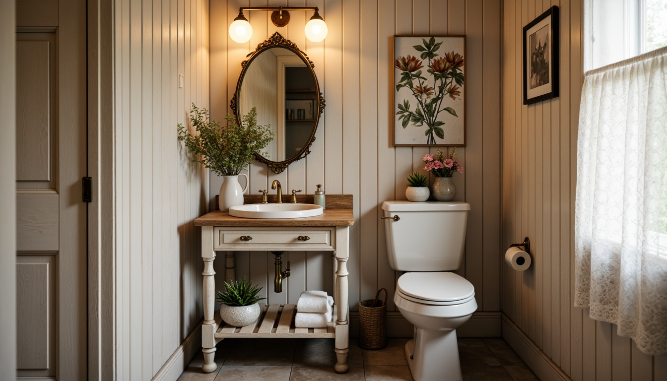 Prompt: Rustic farmhouse powder room, vintage vanity table, ornate mirror frame, soft warm lighting, distressed wood accents, floral patterned wallpaper, pastel-colored ceramics, antique bronze fixtures, porcelain sink, natural stone flooring, earthy color palette, cozy intimate atmosphere, subtle elegance, feminine touches, rustic-chic decor, warm beige tones, elegant gold hardware, delicate lace trim, whimsical farmhouse charm.