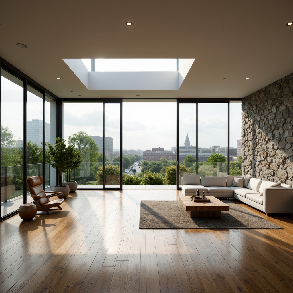 Prompt: Bright interior spaces, large windows, sliding glass doors, clerestory windows, skylights, open floor plans, minimalist decor, reflective surfaces, polished wooden floors, natural stone walls, greenery views, urban cityscape, cloudy day, soft diffused lighting, warm color palette, shallow depth of field, 3/4 composition, panoramic view, realistic textures, ambient occlusion.