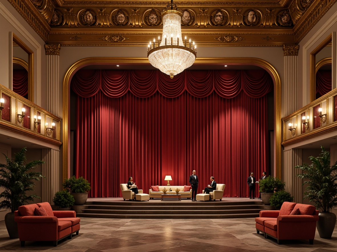 Prompt: Elegant theater interior, neoclassical architectural style, ornate golden details, velvet red curtains, crystal chandeliers, marble floors, grand staircase, plush armchairs, tufted sofas, wooden paneling, intricate carvings, gilded mirrors, rich wood tones, luxurious fabrics, subtle ambient lighting, warm color palette, dramatic high ceilings, symmetrical composition, classical proportions, refined textures, realistic reflections.