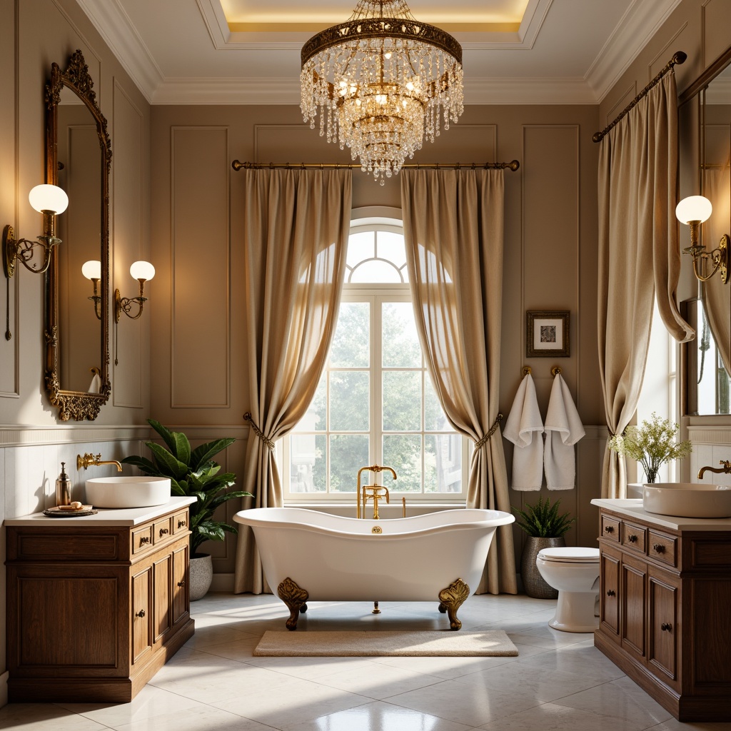 Prompt: Elegant freestanding tub, ornate golden faucets, white marble countertops, crystal chandeliers, soft warm lighting, large ornamental mirrors, classic pedestal sinks, porcelain toilet seats, rich wood cabinetry, decorative tilework, vintage-inspired showerheads, luxurious drapery, subtle aromatherapy, warm beige walls, traditional 3/4 composition, shallow depth of field, realistic textures, ambient occlusion.