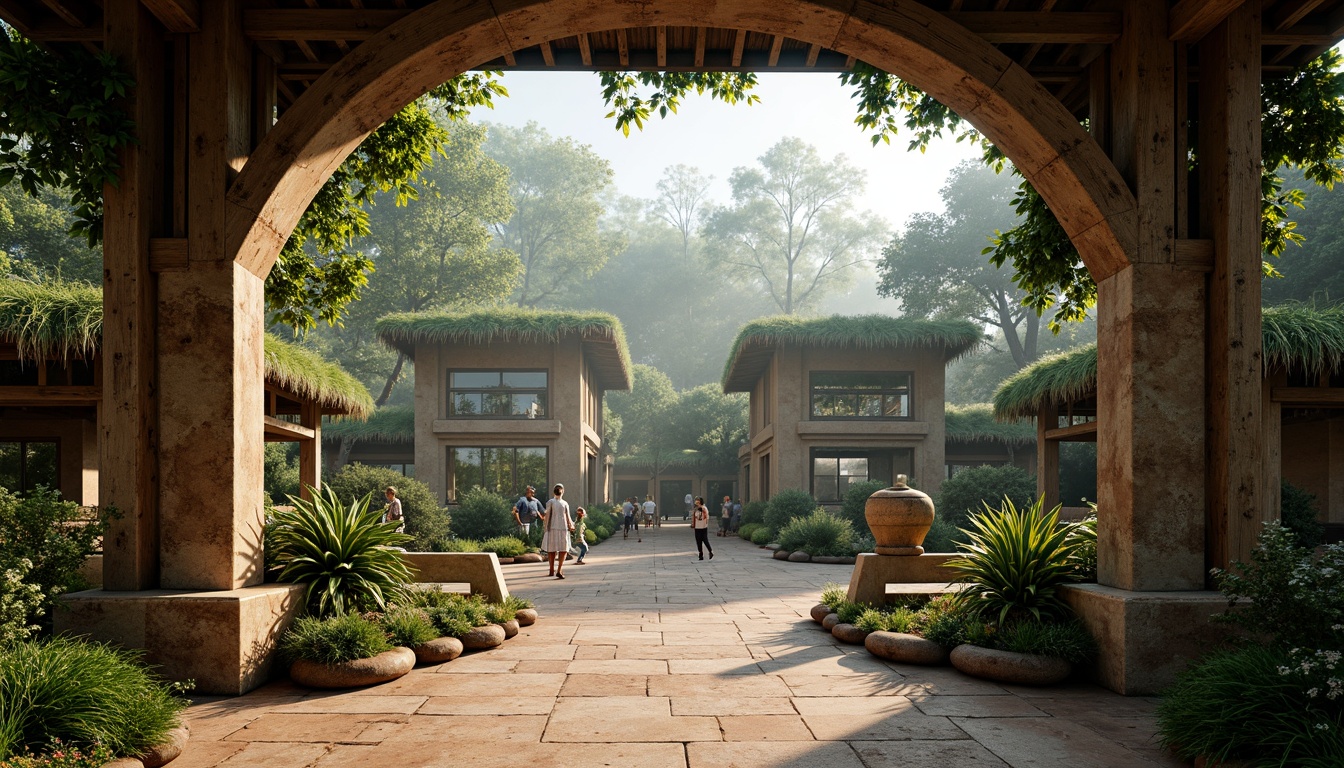 Prompt: Rustic zoo entrance, wooden fencing, natural stone walls, greenery overhangs, animal habitats, water features, rustic bridges, tropical plants, misty atmosphere, warm lighting, shallow depth of field, 3/4 composition, panoramic view, realistic textures, ambient occlusion, earthy color palette, organic shapes, irregular lines, nature-inspired patterns, wooden accents, woven textiles, natural ventilation systems.