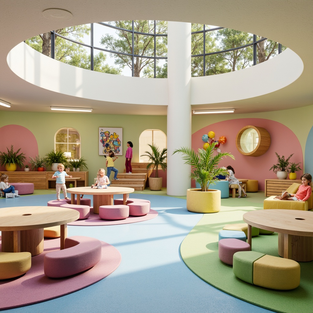 Prompt: Vibrant kindergarten playground, soft pastel colors, rounded shapes, whimsical illustrations, educational murals, interactive play structures, sensory stimulation zones, cushioned floors, ergonomic seating, colorful storage bins, wooden tables, curved benches, collaborative learning areas, natural light illumination, airy atmosphere, 1/1 composition, shallow depth of field, realistic textures.