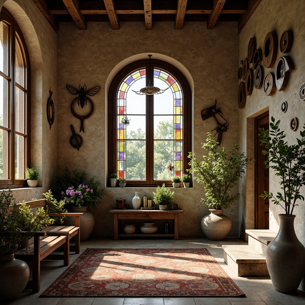 Prompt: Rustic farmhouse, curved lines, organic forms, flowing florals, whimsical insects, ornate metalwork, distressed wood accents, earthy color palette, natural stone walls, vintage farm tools, woven textiles, ceramic vases, floral patterns, stained glass windows, soft warm lighting, shallow depth of field, 1/2 composition, romantic atmosphere, realistic textures, ambient occlusion.