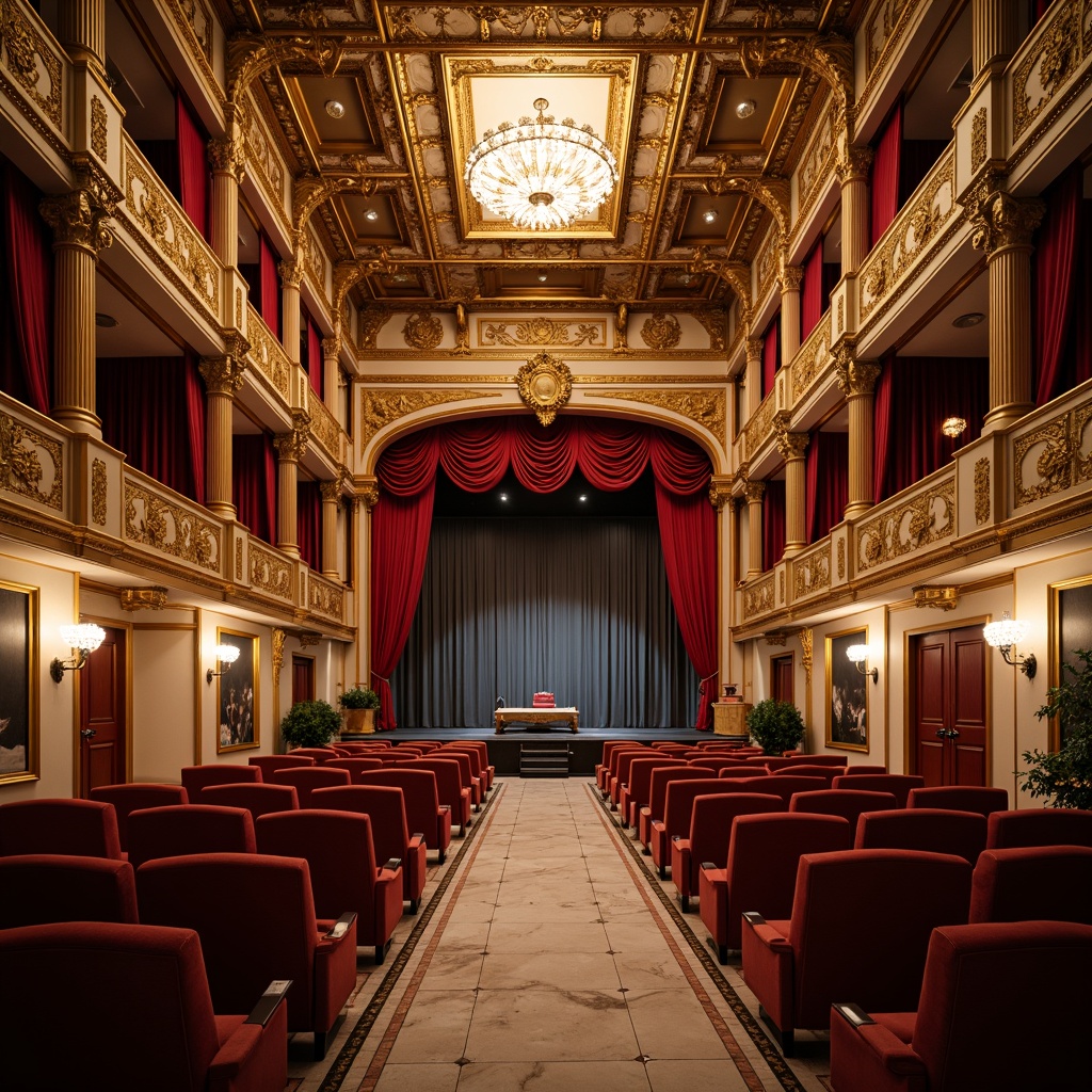 Prompt: Elegant grand theater, ornate chandeliers, red velvet curtains, gilded frames, marble floors, intricate moldings, neoclassical columns, luxurious fabrics, tufted sofas, carved wooden chairs, crystal pendant lights, majestic stage, plush audience seating, ornamental balconies, sweeping staircases, dramatic archways, warm golden lighting, soft focus blur, shallow depth of field, 1/2 composition, symmetrical framing, realistic textures, ambient occlusion.