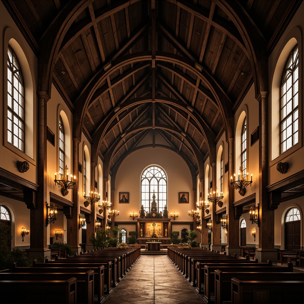 Prompt: Rustic church interior, vaulted ceiling, wooden beams, stone walls, stained glass windows, grandiose chandeliers, intricate carvings, ornate altarpieces, warm candlelight, soft golden lighting, atmospheric mist, dramatic shadows, symmetrical composition, 1/2 format, realistic textures, ambient occlusion.