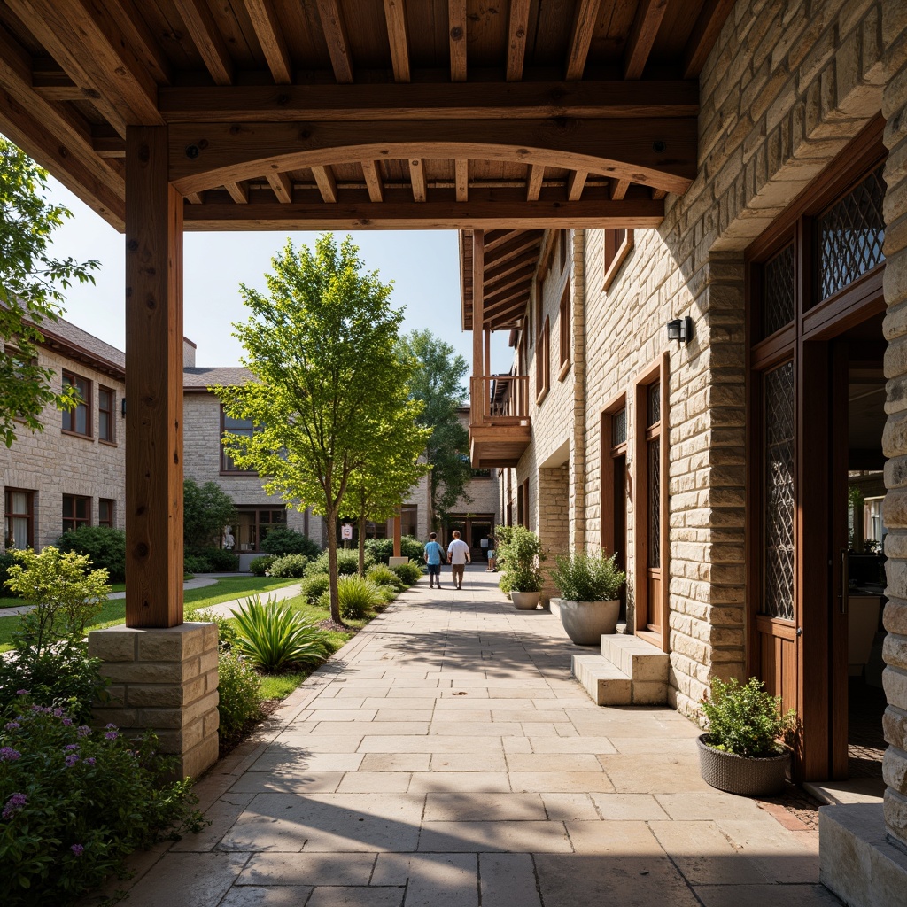 Prompt: Rustic campus scenery, lush greenery, meandering walkways, artisanal stone carvings, handcrafted wooden doors, ornate metalwork, decorative trusses, tapered columns, natural stonewalls, earthy color palette, warm sunny day, soft diffused lighting, shallow depth of field, 3/4 composition, intimate human scale, organic textures, ambient occlusion.