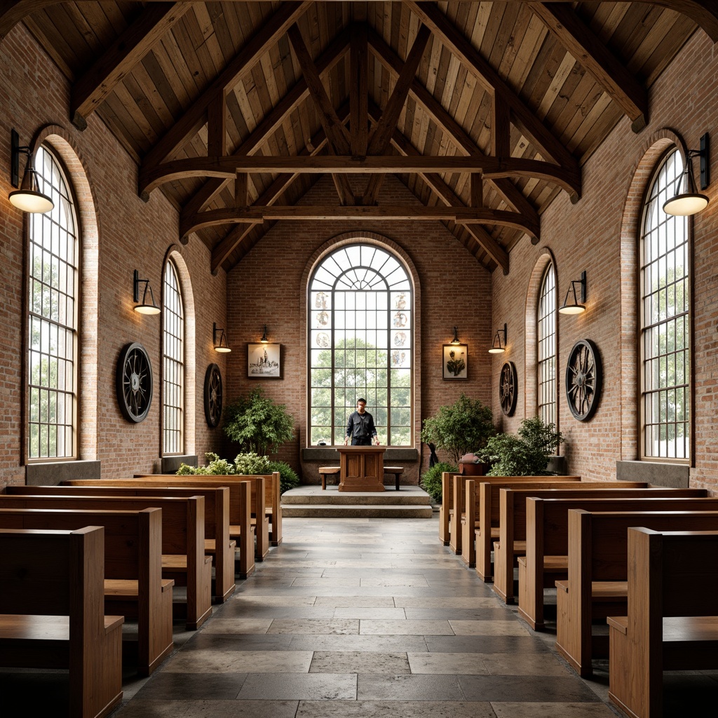 Prompt: Rustic church interior, distressed wooden beams, exposed brick walls, metal accents, industrial pendant lights, reclaimed wood pews, vintage machinery decorations, earthy color palette, natural stone flooring, stained glass windows, gothic arches, high ceilings, dramatic lighting, warm atmosphere, 1/2 composition, shallow depth of field, realistic textures, ambient occlusion.