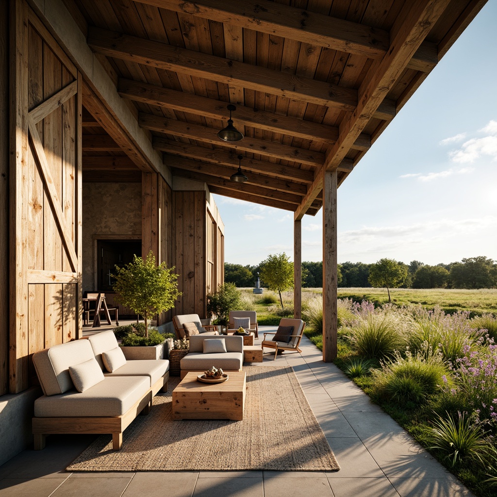 Prompt: Rustic farmhouse, natural wood accents, reclaimed barn doors, earthy color palette, galvanized metal roofs, wooden beam ceilings, stone fireplaces, vintage farm equipment, lush greenery, wildflower fields, sunny day, soft warm lighting, shallow depth of field, 3/4 composition, panoramic view, realistic textures, ambient occlusion, eco-friendly insulation, low-carbon footprint, rainwater harvesting systems, solar panels, wind turbines, organic gardens, composting areas, outdoor seating areas, wooden benches, natural fabrics, woven textiles.