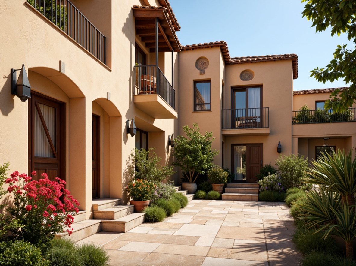 Prompt: Warm beige stucco walls, terracotta roof tiles, rustic wooden doors, wrought iron balconies, ornate ceramic decorations, earthy tone flooring, natural stone pathways, lush greenery, vibrant bougainvillea flowers, sunny day, soft warm lighting, shallow depth of field, 3/4 composition, panoramic view, realistic textures, ambient occlusion.