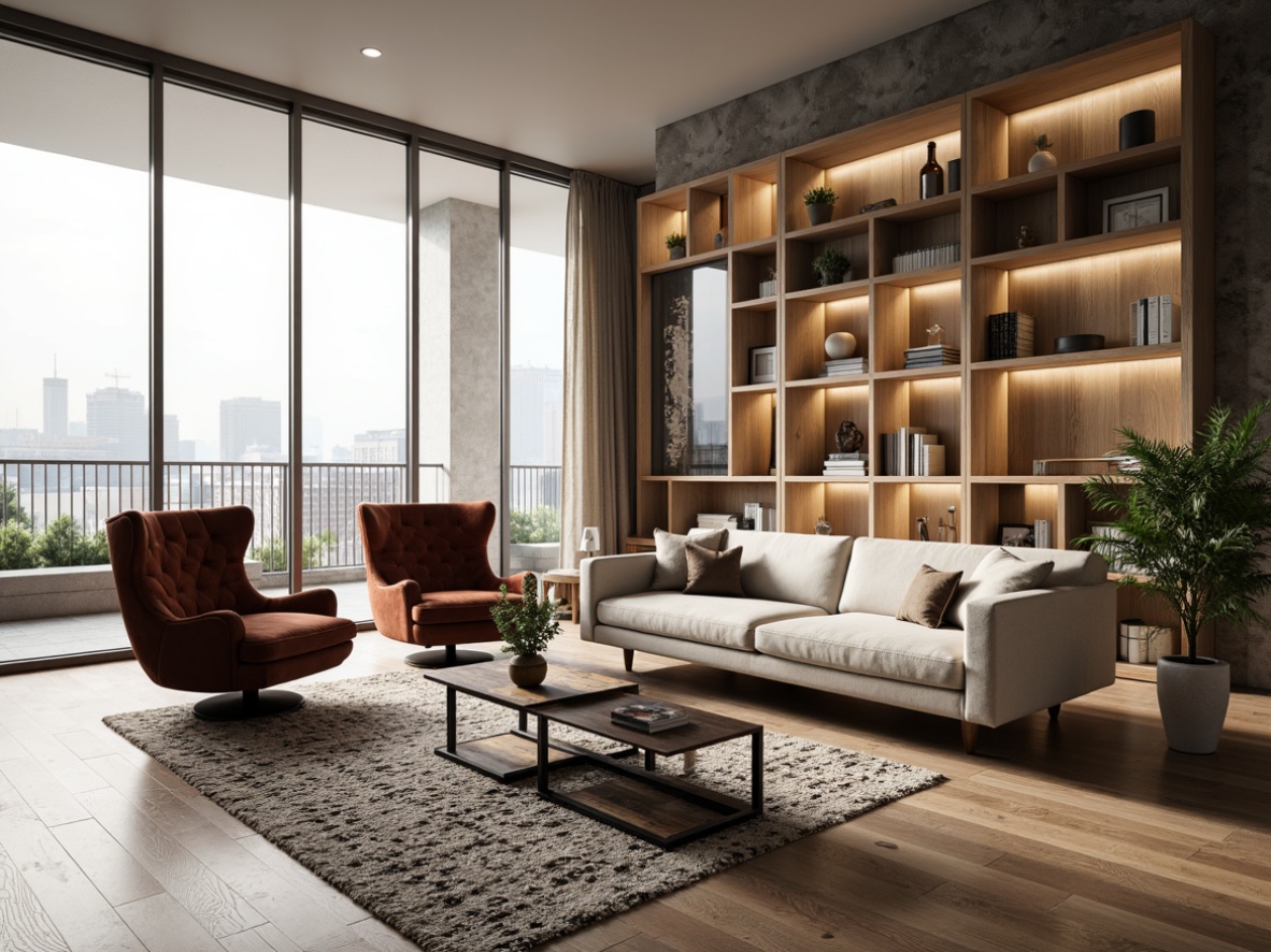 Prompt: Modern minimalist living room, sleek low-profile sofas, tufted velvet armchairs, industrial metal coffee tables, reclaimed wood shelving units, geometric-patterned area rugs, floor-to-ceiling windows, cityscape views, soft warm lighting, 1/1 composition, shallow depth of field, realistic textures, ambient occlusion.