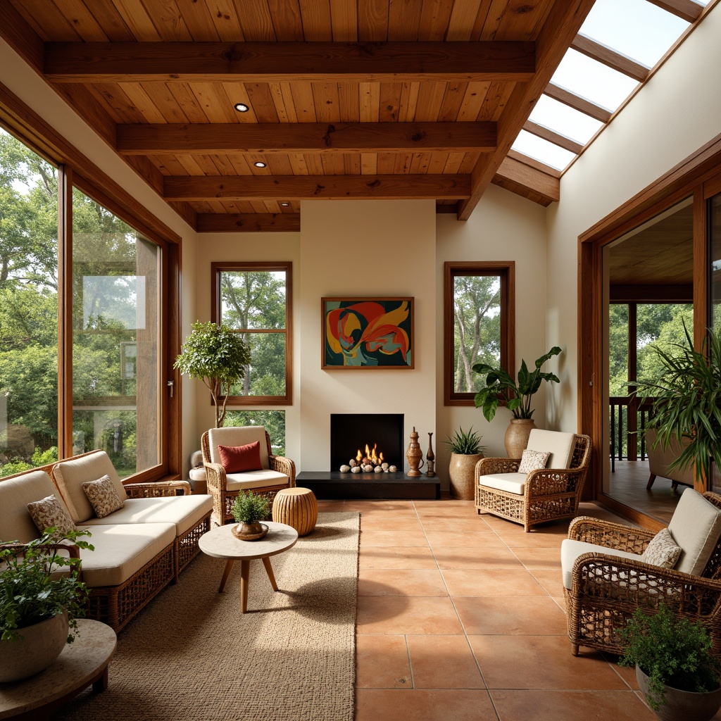 Prompt: Warm sunroom, mid-century modern design, earthy tones, terracotta floors, wooden accents, natural textiles, wicker furniture, lush greenery, floor-to-ceiling windows, sliding glass doors, clerestory windows, skylights, warm beige walls, rich walnut wood, vintage decor, retro-inspired patterns, geometric shapes, abstract artwork, soft warm lighting, cozy atmosphere, comfortable seating areas, plants on shelves, nature-inspired accessories, organic shapes, curved lines.