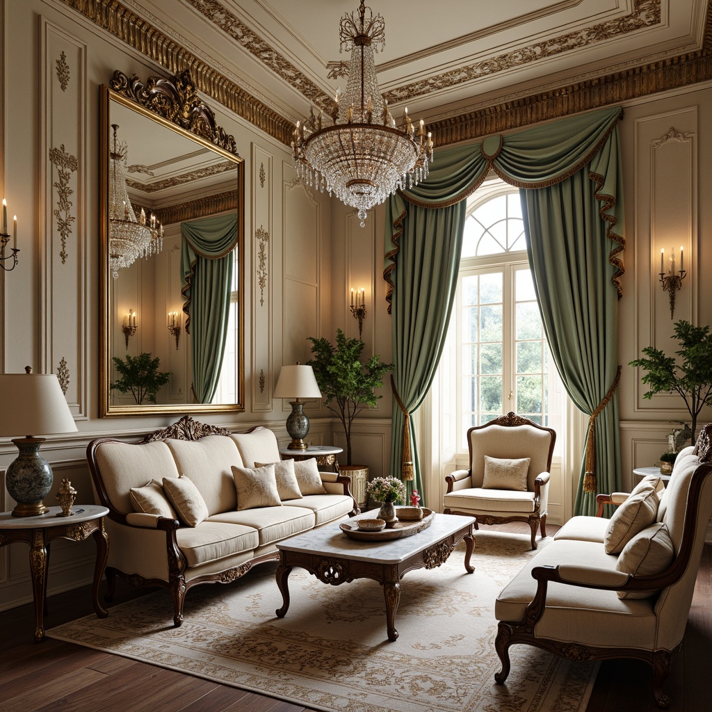 Prompt: Opulent Rococo interior, intricately carved wooden furniture, gilded ornaments, lavish upholstery, velvet drapes, crystal chandeliers, ornate mirrors, distressed finishes, soft pastel colors, French provincial influences, curved silhouettes, cabriole legs, luxurious fabrics, tufted sofas, berg\u00e8re chairs, marble tops, inlaid wood patterns, golden accents, delicate porcelain vases, antique artifacts, grandiose scale, dramatic lighting, warm atmospheric glow.