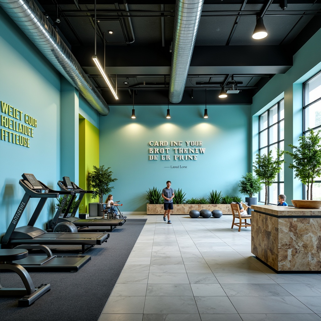 Prompt: Modern fitness club interior, calming light blue walls, motivational quotes, sleek exercise equipment, polished metal frames, rubber flooring, energizing LED lighting, vibrant green accents, industrial-style ceiling, natural stone reception desk, minimalist decor, refreshing atmosphere, high ceilings, open spaces, dynamic shadows, 1/2 composition, soft focus, realistic textures.