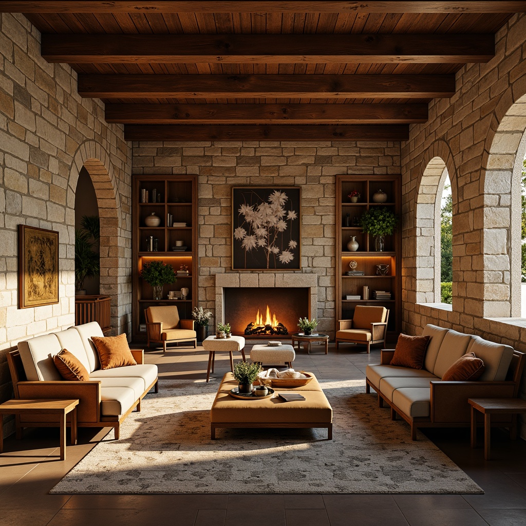 Prompt: Luxurious living room, textured stone walls, rough-hewn wooden accents, plush velvet furniture, ornate metal fixtures, warm golden lighting, inviting ambiance, natural material palette, earthy color scheme, organic shapes, cozy reading nook, rustic wooden shelves, vintage decorative items, soft area rug, comfortable seating area, 1/1 composition, shallow depth of field, warm atmospheric lighting.