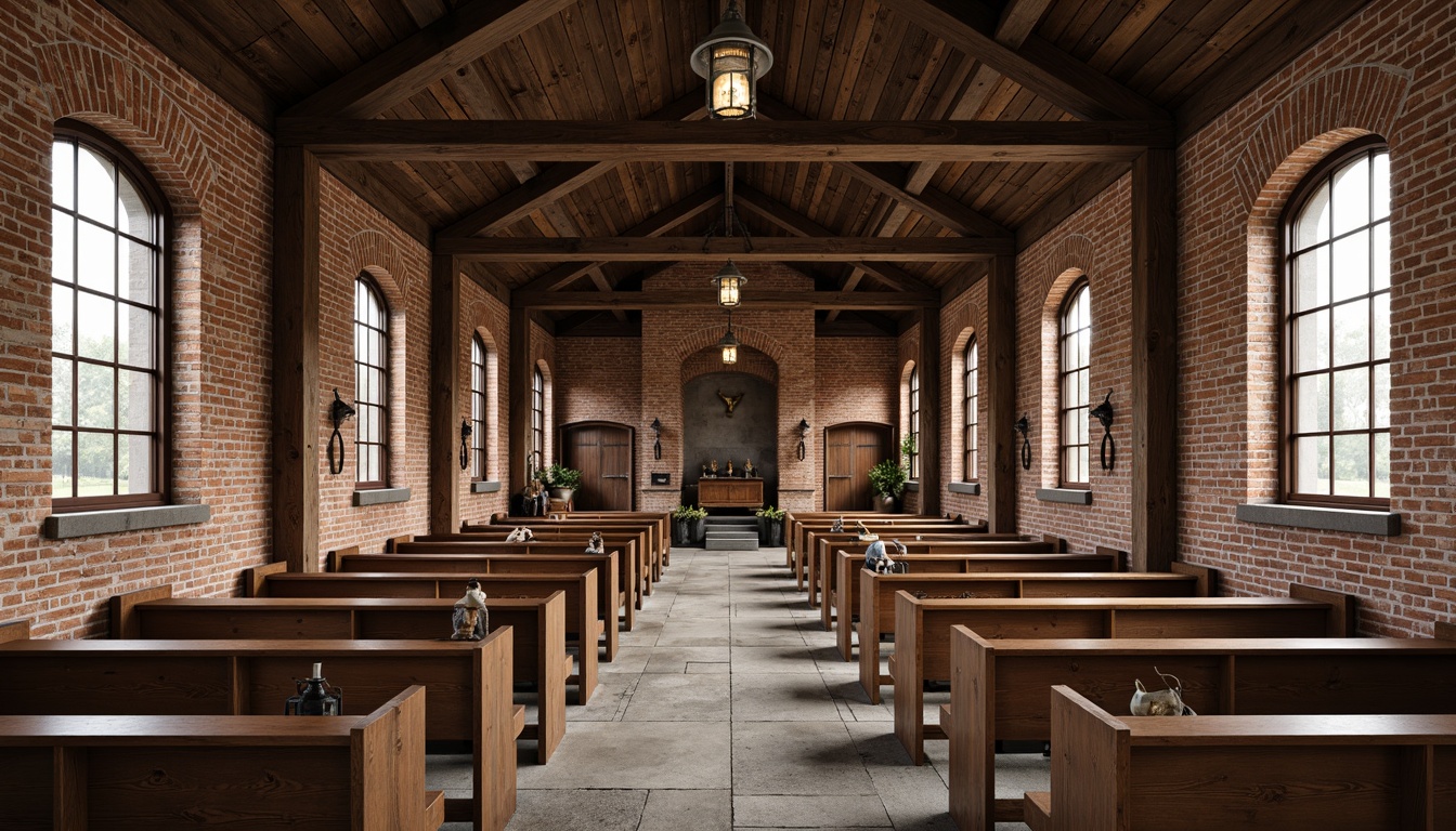 Prompt: Rustic church interior, exposed brick walls, wooden beam ceilings, metal accents, industrial lighting fixtures, reclaimed wood pews, stone floors, vintage metal lanterns, distressed finishes, earthy color palette, natural textures, dramatic overhead lighting, symmetrical composition, warm ambiance, subtle industrial hints, functional decorative elements, aged metallic tones, distressed wood details.