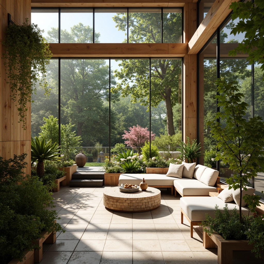 Prompt: Airy sunroom, minimal decor, natural stone flooring, floor-to-ceiling windows, sliding glass doors, lush greenery, vibrant blooming plants, soft warm lighting, ambient occlusion, shallow depth of field, 3/4 composition, panoramic view, modern minimalist architecture, sleek metal frames, reflective surfaces, bright airy atmosphere, comfortable seating areas, plush cushions, natural textiles, earthy color palette, calming ambiance.