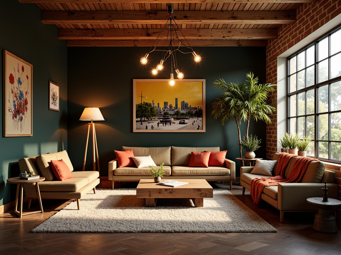 Prompt: Eclectic living room, vintage furniture, bold color schemes, statement lighting fixtures, industrial pendant lamps, Edison bulb chandeliers, minimalist floor lamps, metallic accents, reclaimed wood ceilings, exposed brick walls, cozy reading nooks, plush throw blankets, warm golden lighting, soft shadows, 1/1 composition, shallow depth of field, realistic textures.