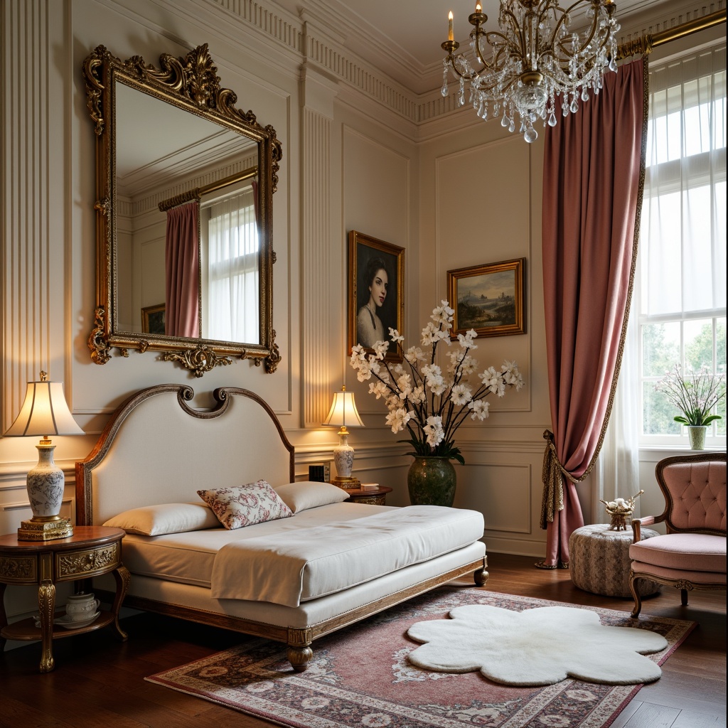 Prompt: Luxurious boudoir, ornate mirrors, gilded frames, delicate porcelain vases, intricately carved furniture, soft velvet upholstery, rich silk fabrics, subtle golden accents, whimsical shell motifs, elegant curved lines, dramatic crystal chandeliers, lavish flower arrangements, warm candlelight, intimate seating areas, plush area rugs, French Neoclassicism influences, subtle asymmetry, ornate moldings, delicate lace details, pastel color palette, soft focus, shallow depth of field, 1/1 composition.