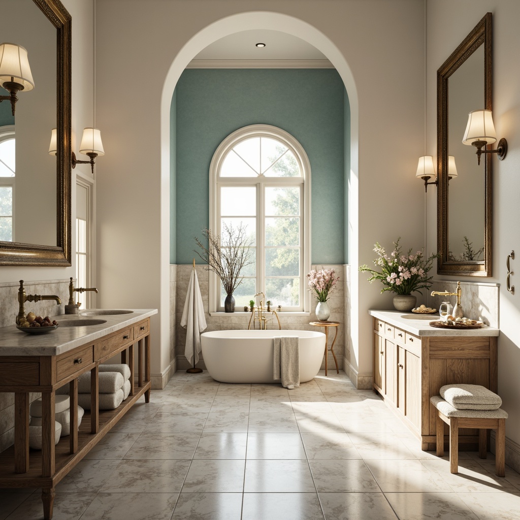 Prompt: Elegant bathroom, soft warm lighting, creamy whites, gentle grays, calming blues, earthy browns, rich marbles, luxurious gold fixtures, ornate mirrors, classic archways, subtle textures, warm beige tones, soothing aqua hues, delicate florals, vintage-inspired patterns, ornamental details, refined simplicity, 1/1 composition, shallow depth of field, realistic reflections.