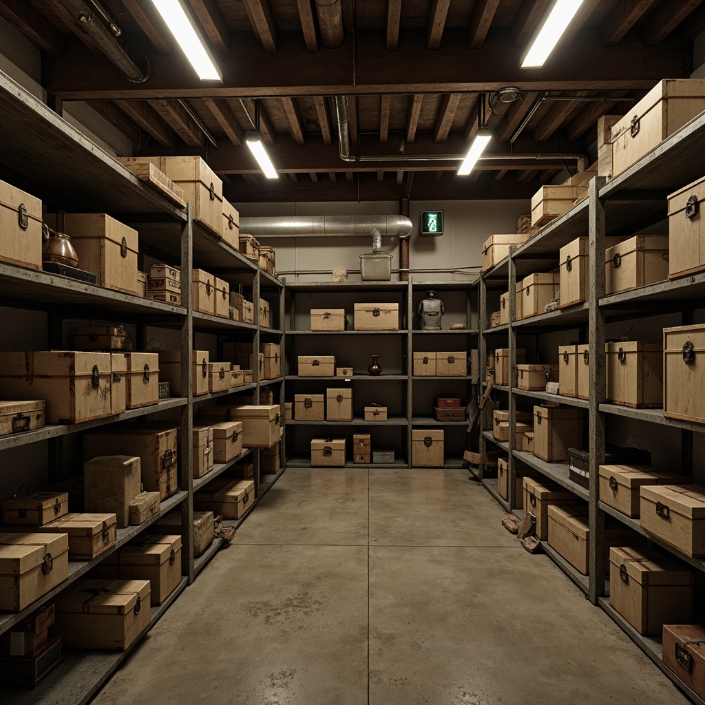 Prompt: Muted storage room, industrial metal shelves, distressed wooden crates, vintage luggage trunks, worn leather straps, rusty metal accents, warm beige tones, earthy brown hues, soft cream textures, moody atmospheric lighting, shallow depth of field, 1/1 composition, realistic rust effects, ambient occlusion, expressionist brushstrokes.