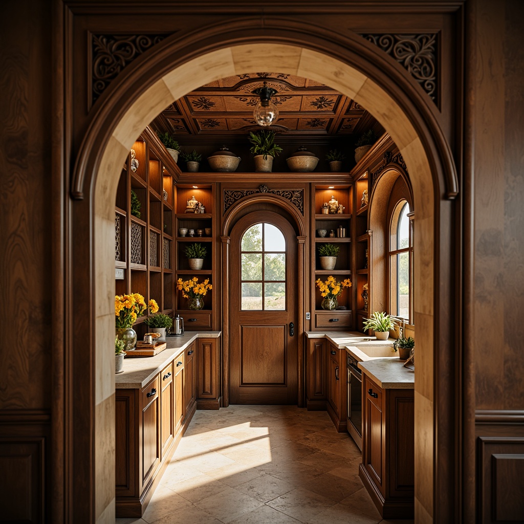 Prompt: Rustic pantry, ornate wooden cabinetry, carved decorative trim, rich wood tones, warm golden lighting, traditional Renaissance-inspired design, elegant curved lines, ornamental metal hardware, distressed finishes, natural stone countertops, earthy color palette, soft focus, atmospheric perspective, 1/2 composition, warm afternoon light, subtle shadows, ambient occlusion.