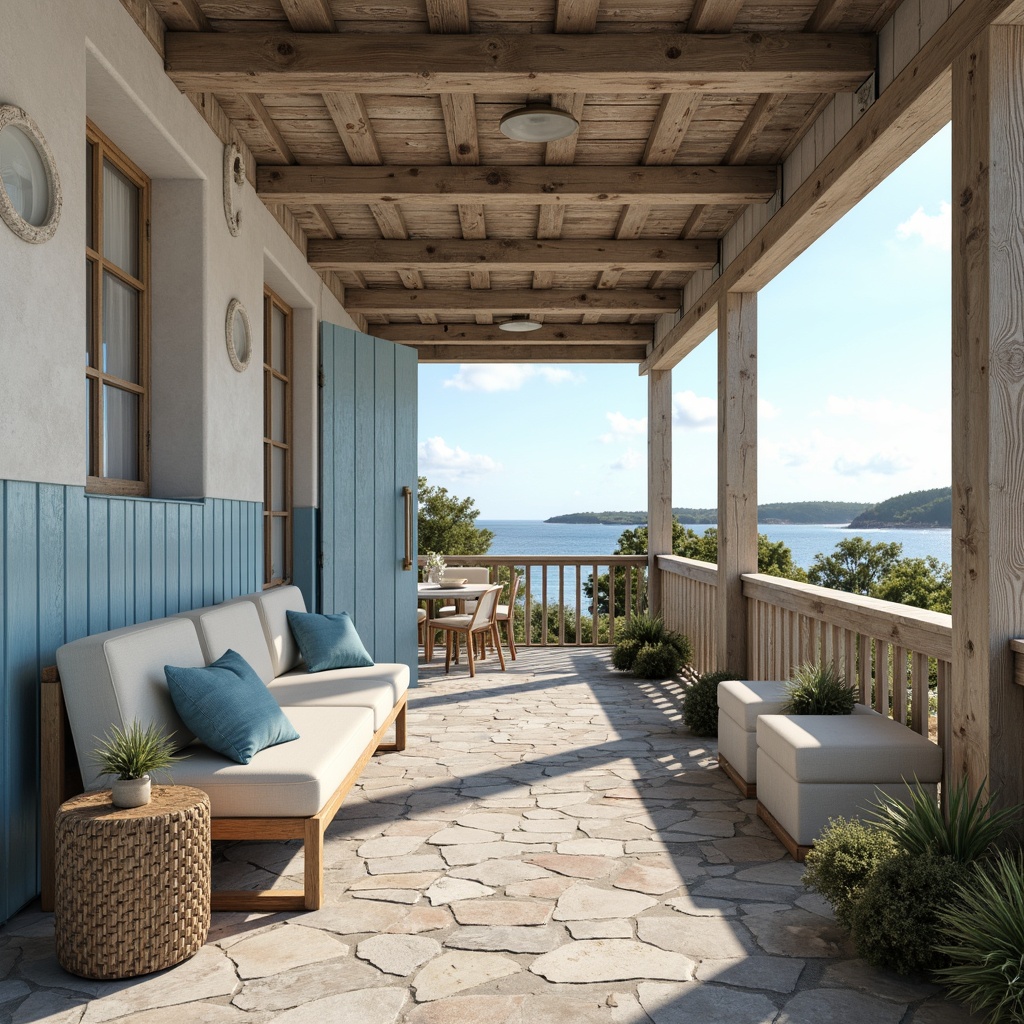 Prompt: Coastal cottage, ocean-inspired decor, soft blue and white hues, natural stone flooring, wooden accents, wavy tile patterns, shell-shaped tiles, driftwood-gray walls, distressed wood furniture, nautical rope details, porthole windows, seaside scenery, sunny day, warm golden lighting, shallow depth of field, 1/2 composition, realistic textures, ambient occlusion.