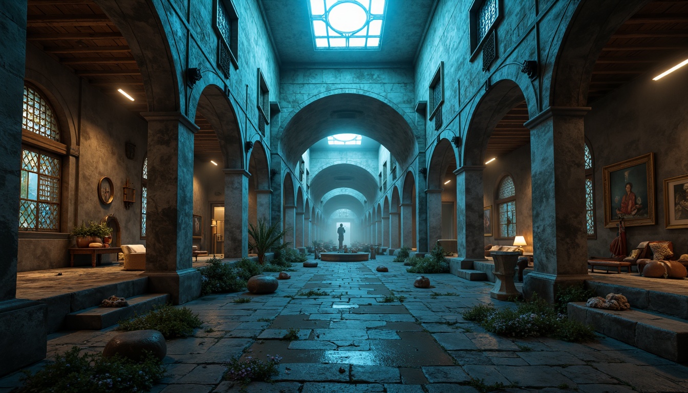 Prompt: Ancient monastery ruins, futuristic renovations, metallic accents, neon luminescent hints, misty atmospheric effects, eerie silhouettes, worn stone textures, mysterious archways, celestial-inspired murals, sacred geometric patterns, otherworldly ambient lighting, soft pulsing glows, atmospheric perspective, 1/2 composition, cinematic mood, mystical realism.