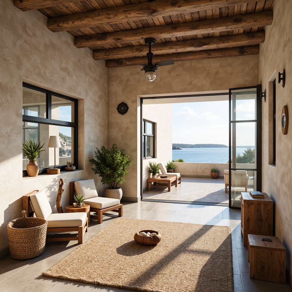 Prompt: Driftwood accents, weathered stone walls, soft sandy beige tones, ocean-inspired color palette, natural fiber rugs, woven sea grass textures, reclaimed wood flooring, rustic metal fixtures, nautical-themed decor, porthole windows, sliding glass doors, coastal breeze, warm sunlight, soft focus, shallow depth of field, 1/1 composition, realistic render, ambient occlusion.