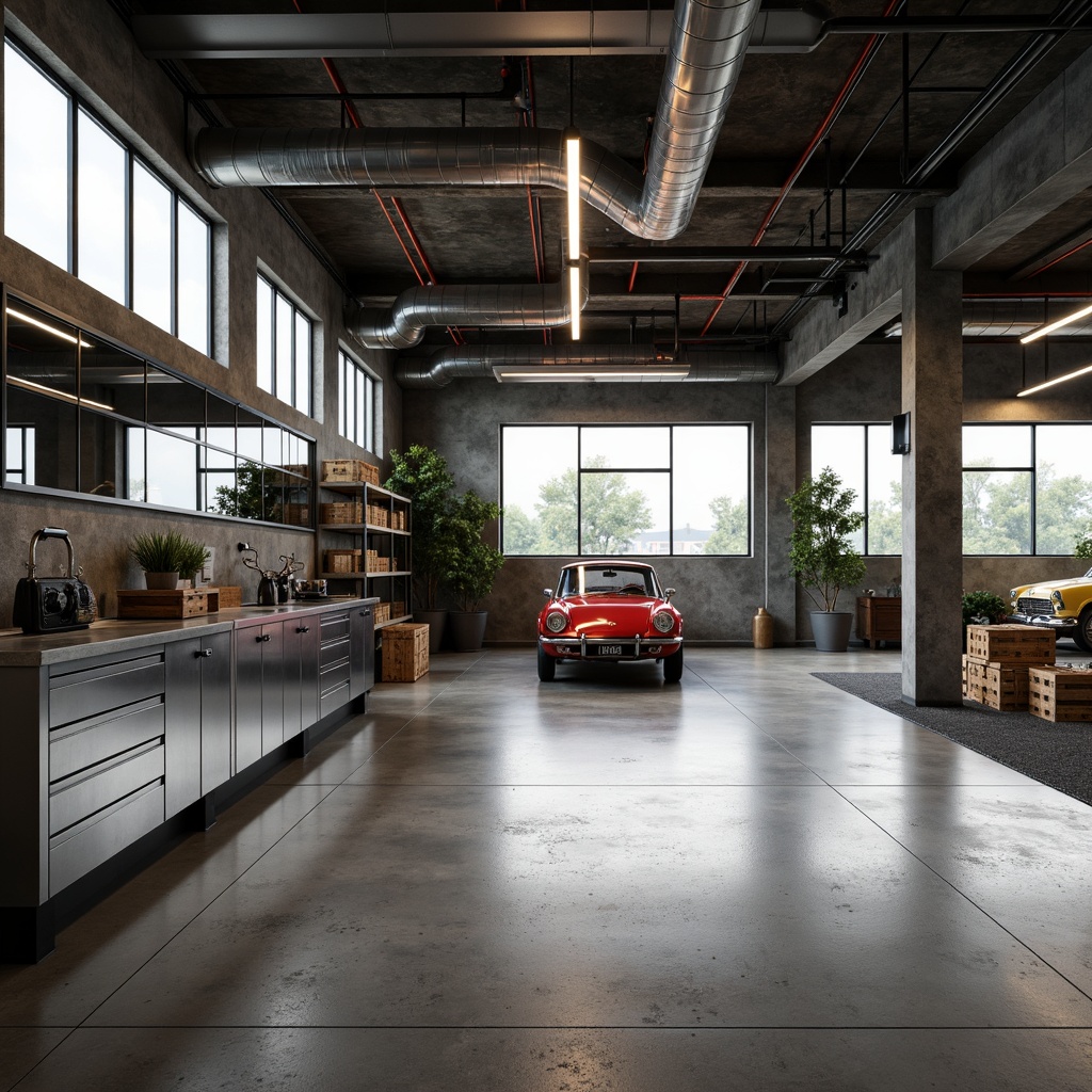 Prompt: Industrial-style garage, polished concrete floors, epoxy-coated surfaces, metallic accents, exposed ductwork, modern LED lighting, sleek steel cabinets, durable porcelain tiles, textured grey walls, oil-stained floors, vintage car displays, rustic wood crates, urban loft atmosphere, high-contrast color scheme, dramatic shadows, 1/2 composition, wide-angle lens, realistic reflections.