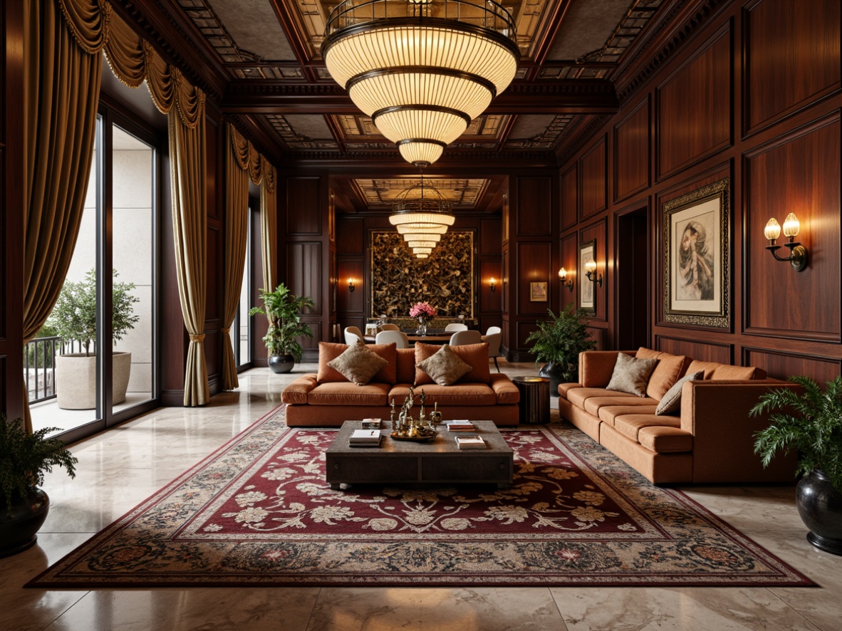 Prompt: Luxurious interior, opulent furnishings, metallic accents, geometric patterns, ornate details, rich velvet fabrics, polished marble floors, glamorous chandeliers, high-gloss wooden paneling, lavish drapery, intricate moldings, statement wallpaper, bold color schemes, sophisticated textures, elegant proportions, refined lighting fixtures, dramatic floor-to-ceiling windows, sumptuous atmosphere, vintage flair, jazz-age nostalgia.