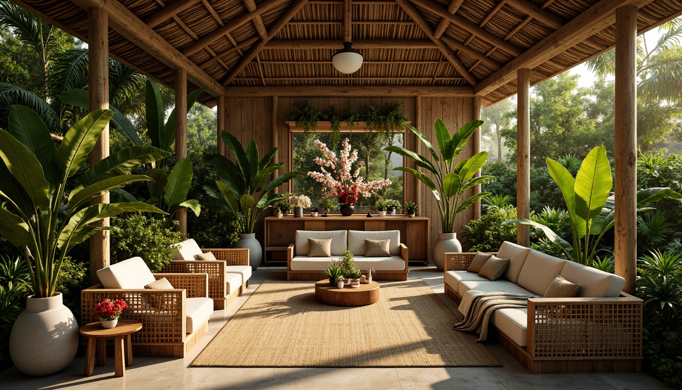 Prompt: Lush tropical interior, exotic palm trees, vibrant floral arrangements, rattan furniture, natural fiber textiles, woven bamboo accents, earthy tone ceramics, wooden wall paneling, large leafy greens, hanging ferns, blooming orchids, warm golden lighting, shallow depth of field, 1/1 composition, realistic plant textures, ambient occlusion.