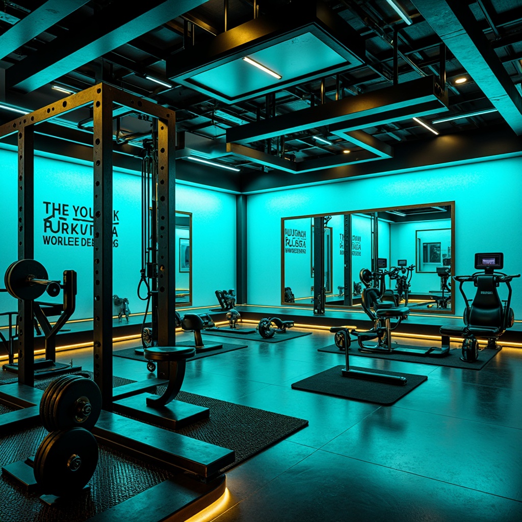 Prompt: Neon-lit home gym, futuristic equipment, metallic surfaces, bold color blocking, vibrant turquoise accents, electric blue hues, neon green lights, sleek glass walls, minimalist decor, high-tech sound system, motivational quotes, industrial-style flooring, rubberized weights, ergonomic workout machines, advanced fitness tracking systems, virtual reality training zones, dynamic LED lighting, shallow depth of field, 3/4 composition, realistic textures, ambient occlusion.