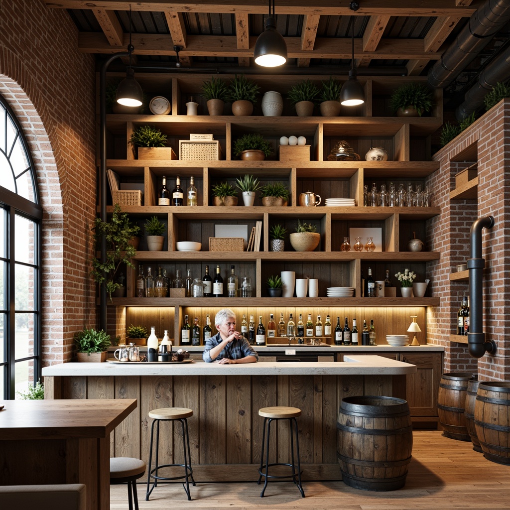 Prompt: Rustic farmhouse bar, reclaimed wood shelves, metal brackets, vintage industrial lighting, wooden crates, distressed finishes, earthy tones, natural textures, woven baskets, galvanized metal accents, exposed brick walls, stone countertops, wooden barrels, aged copper pipes, modern minimalist decor, soft warm lighting, shallow depth of field, 1/2 composition, realistic wood grain.