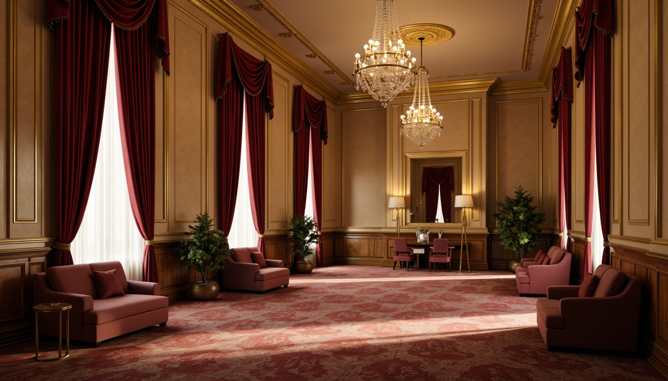 Prompt: Rich velvet curtains, luxurious golden accents, warm beige walls, dark wood flooring, elegant chandeliers, soft crimson seats, subtle patterned carpets, grandiose high ceilings, ornate moldings, dramatic spotlights, warm ambient lighting, 1/2 composition, shallow depth of field, cinematic atmosphere, realistic textures, ambient occlusion.