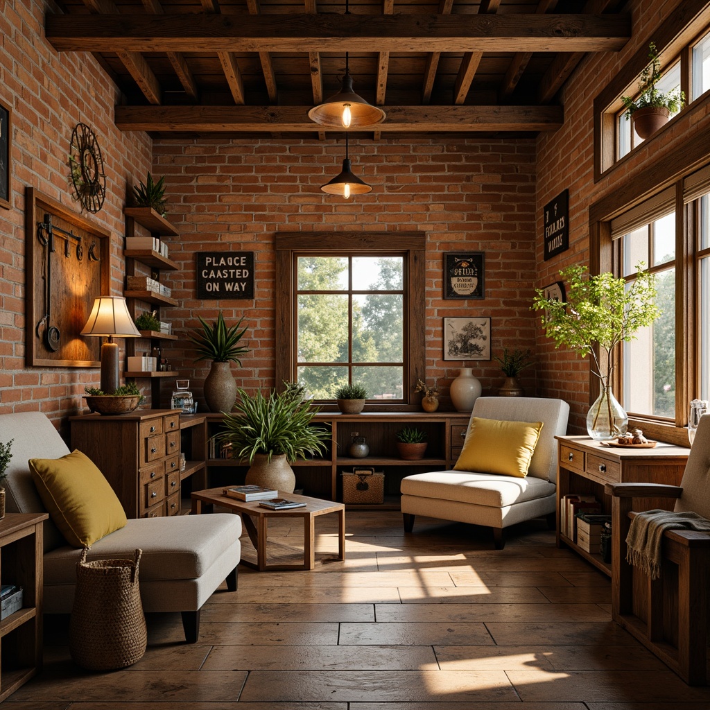 Prompt: Warm craftsman garage, wooden accents, vintage tools, rustic metal signs, earthy color palette, soft warm lighting, table lamps, pendant lights, exposed brick walls, reclaimed wood floors, cozy reading nooks, plush armchairs, natural textures, warm beige tones, soft shadows, 1/2 composition, shallow depth of field, realistic rendering, ambient occlusion.