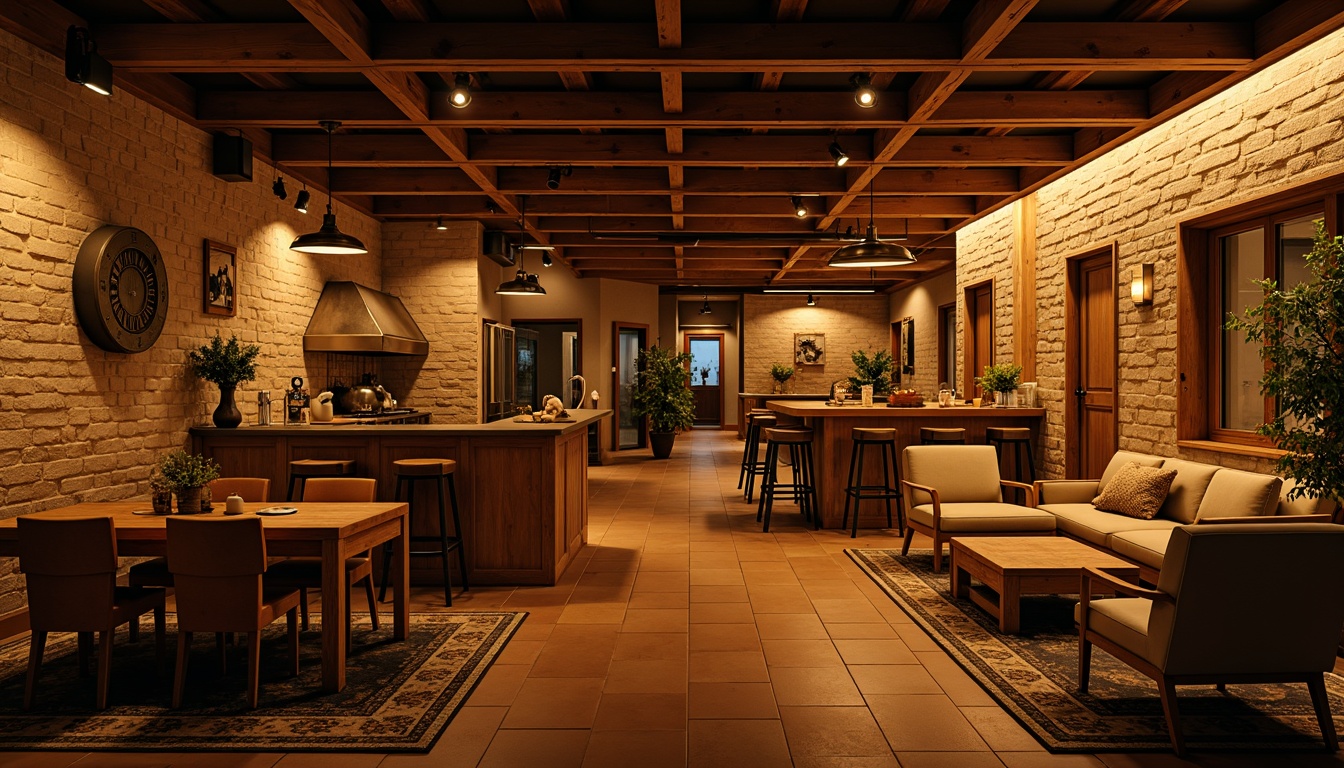 Prompt: Cozy basement, warm earthy tones, rich wood accents, soft golden lighting, comfortable seating areas, natural stone walls, rustic metal decorations, vintage industrial elements, exposed brick details, modern minimalist furniture, subtle texture contrasts, atmospheric shadows, low-key ambiance, 1/1 composition, soft focus effect.