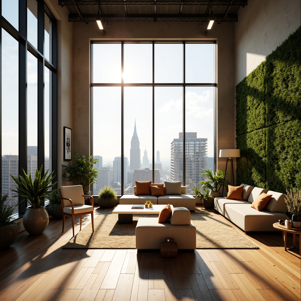 Prompt: Vibrant office space, floor-to-ceiling windows, natural light pouring in, minimal artificial lighting, bright open atmosphere, wooden flooring, modern minimalist furniture, greenery walls, urban cityscape view, morning sunlight, soft warm glow, shallow depth of field, 3/4 composition, panoramic view, realistic textures, ambient occlusion.