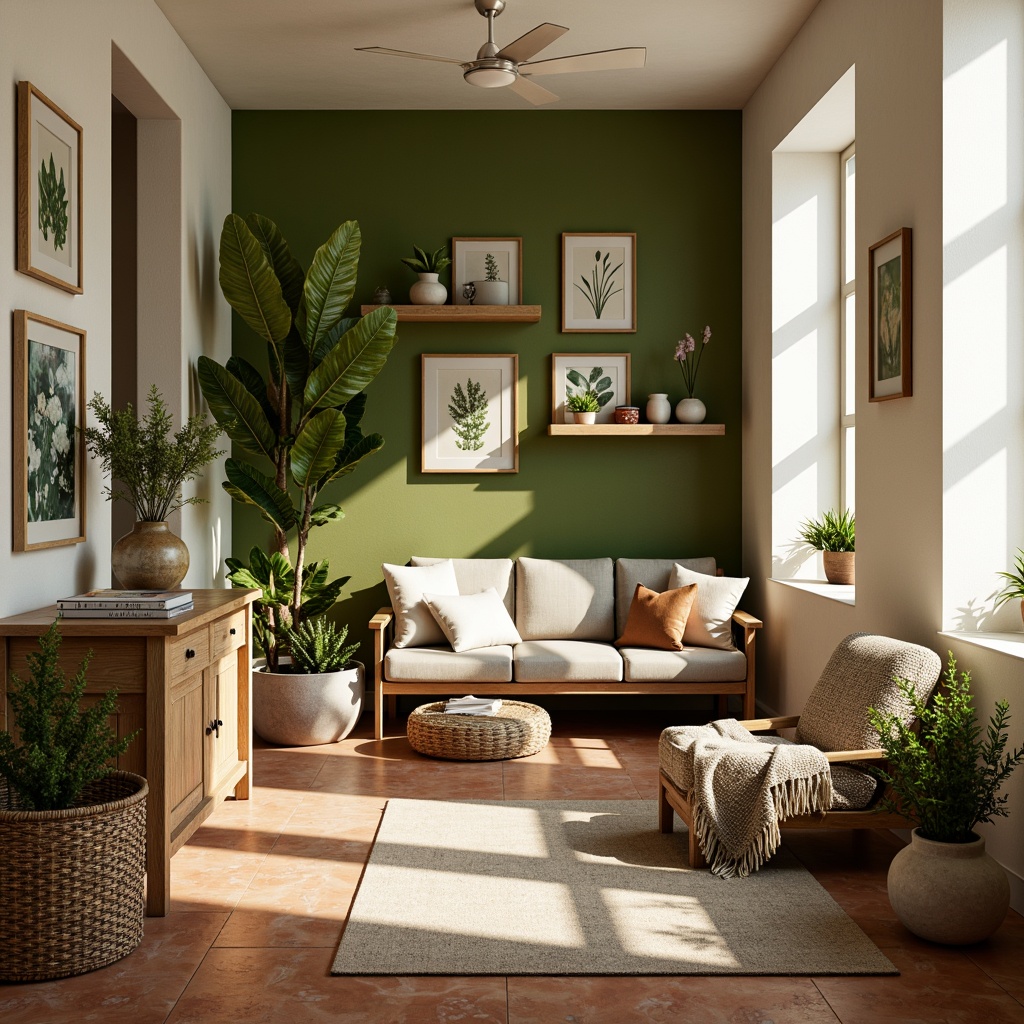 Prompt: Moss green accent walls, earthy terracotta floors, creamy white ceilings, wooden furniture, natural textiles, woven baskets, potted plants, soft warm lighting, cozy reading nook, plush throw blankets, vintage botanical prints, distressed wood shelves, organic shapes, nature-inspired patterns, calming ambiance, serene atmosphere, 1/1 composition, shallow depth of field, realistic textures.