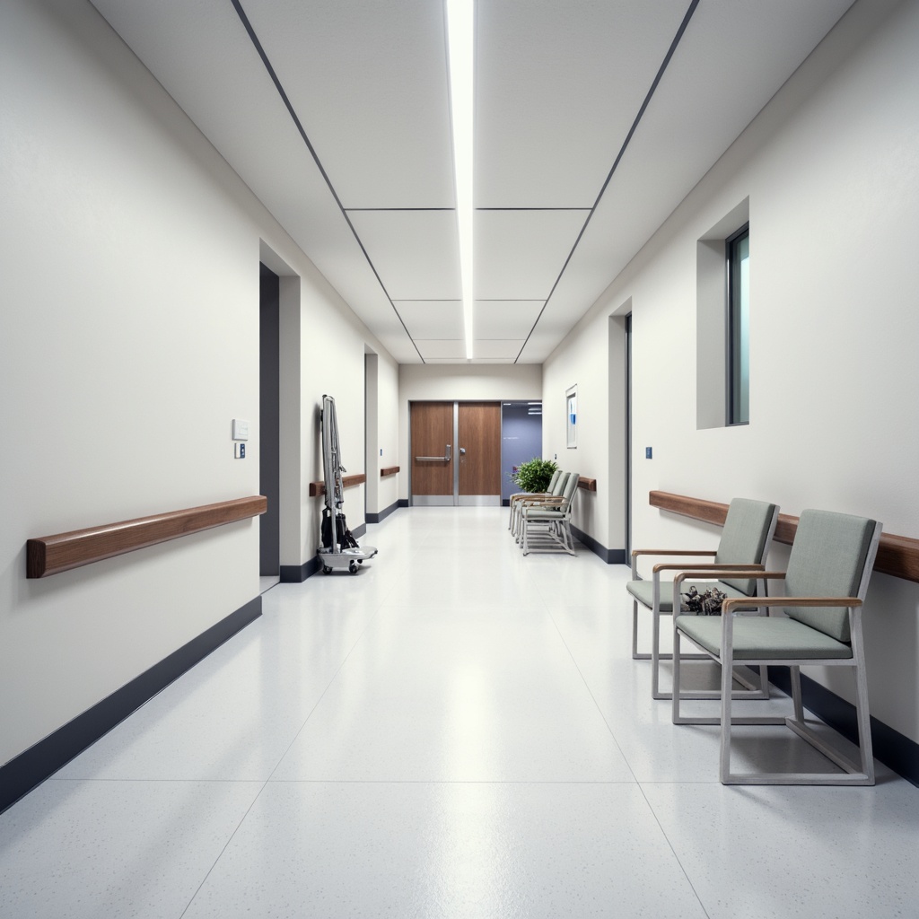 Prompt: Sleek hospital corridor, polished chrome handrails, pristine white walls, minimalist furniture, ergonomic chairs, stainless steel medical equipment, spotless floors, modern LED lighting, calming ambiance, gentle color scheme, soft warm tones, shallow depth of field, 1/1 composition, realistic textures, ambient occlusion, clean minimalism, Scandinavian-inspired design.