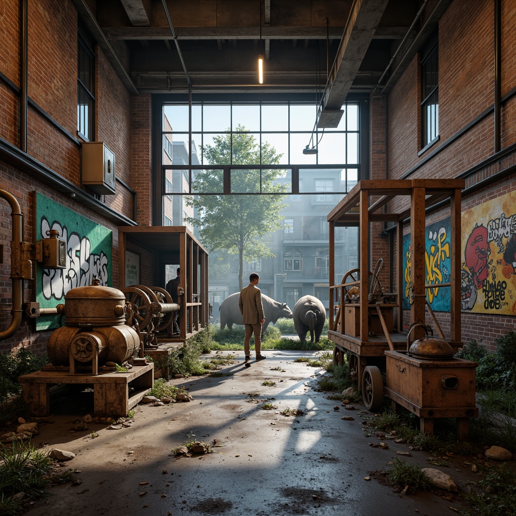 Prompt: Rustic industrial zoo enclosures, distressed metal beams, exposed brick walls, reclaimed wood accents, vintage machinery parts, earthy tone color scheme, pop of bright primary colors, bold graffiti murals, urban cityscape backdrop, misty morning atmosphere, soft natural lighting, shallow depth of field, 1/1 composition, gritty textures, realistic animal details.