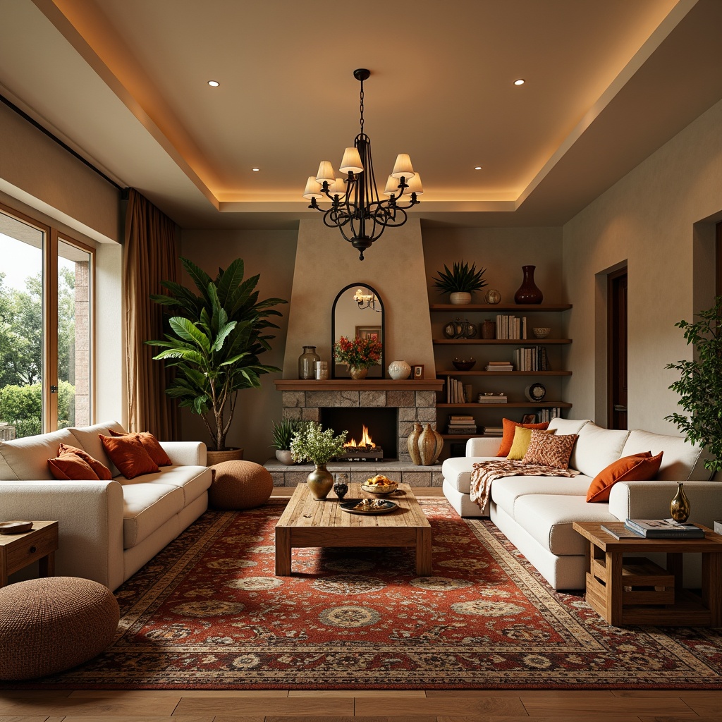 Prompt: Cozy family room, warm beige walls, plush sectional sofa, vibrant throw pillows, rustic wooden coffee table, decorative vases, lush green plants, soft warm lighting, natural stone fireplace, comfortable ottomans, richly textured rugs, elegant chandeliers, warm earthy tones, inviting atmosphere, panoramic view, 3/4 composition, realistic textures, ambient occlusion.