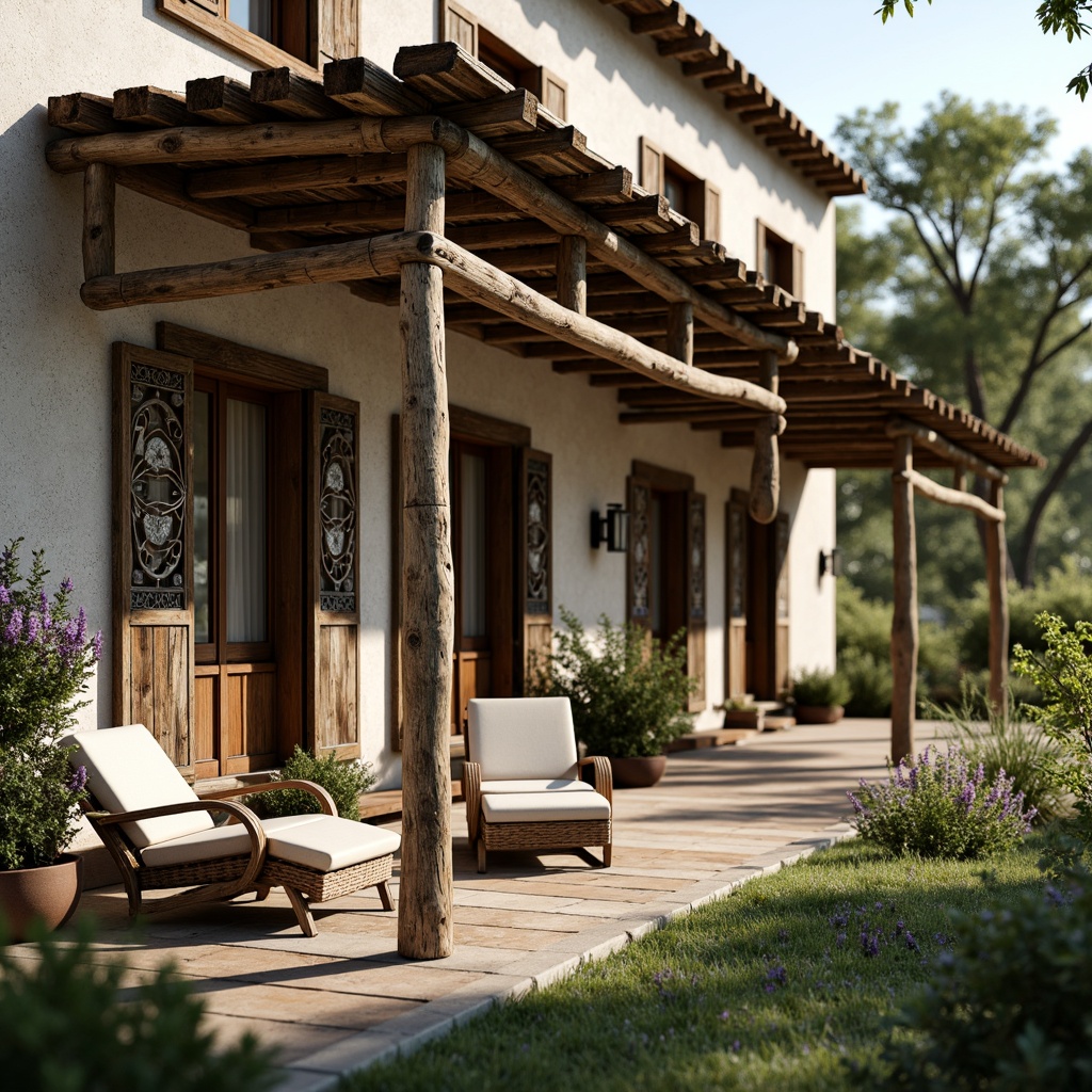 Prompt: Rustic farmhouse, curved lines, organic forms, floral patterns, ornate metalwork, distressed wood textures, vintage decorative accents, earthy color palette, natural stone walls, wooden shutters, blooming wildflowers, lush greenery, sunny afternoon, warm soft lighting, shallow depth of field, 1/1 composition, intimate view, realistic renderings, ambient occlusion.