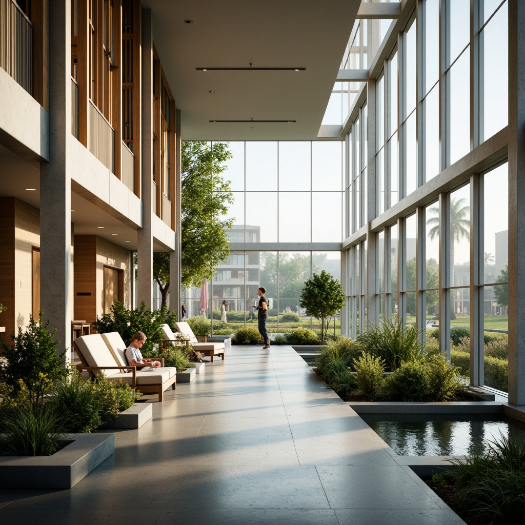 Prompt: Calming hospital atmosphere, abundant natural light, floor-to-ceiling windows, transparent glass walls, minimalist interior design, soothing color palette, wooden accents, comfortable patient rooms, peaceful waiting areas, lush greenery views, outdoor gardens, water features, soft warm lighting, shallow depth of field, 3/4 composition, panoramic view, realistic textures, ambient occlusion.