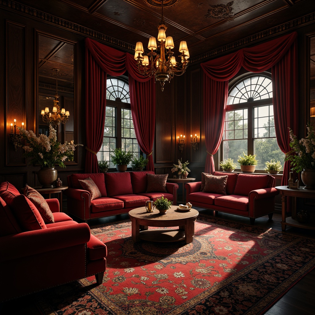 Prompt: Rich velvet fabrics, mysterious dark tones, luxurious embroidered patterns, ornate wooden furniture, grandiose chandeliers, heavy drapery, intricate stone carvings, mystical symbolic motifs, dramatic arched windows, atmospheric candlelight, warm golden lighting, deep shadows, 1/1 composition, realistic textures, ambient occlusion.