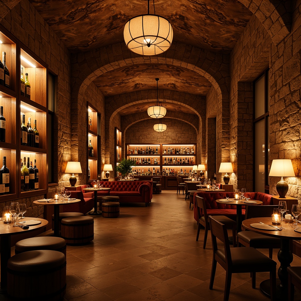 Prompt: Warm wine cellar ambiance, rustic stone walls, wooden crates, dimmed warm lighting, soft candlelight, ambient shadows, cozy nooks, intimate seating areas, rich wood tones, velvety textures, metallic accents, earthy color palette, soft background music, comfortable temperature control, elegant wine racks, glass-enclosed wine displays, subtle fragrance, 1/2 composition, shallow depth of field, warm golden lighting, realistic reflections.