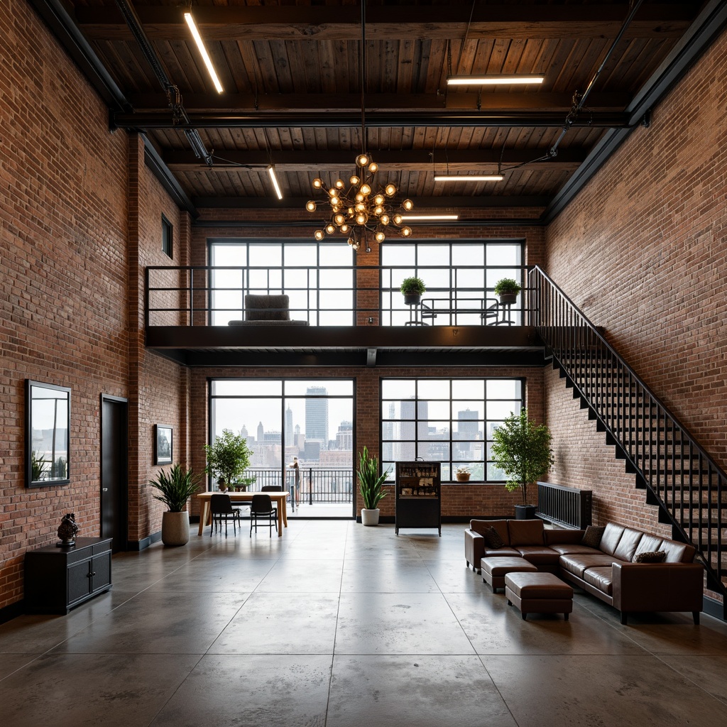 Prompt: Exposed brick walls, polished concrete floors, metal beams with rustic finishes, reclaimed wood accents, industrial-style lighting fixtures, urban loft atmosphere, high ceilings, open space layout, modern minimalist decor, neutral color palette, functional metal staircases, Edison bulb pendant lights, distressed leather furniture, vintage machinery parts, cityscape views, soft natural light, shallow depth of field, 1/1 composition, realistic textures, ambient occlusion.