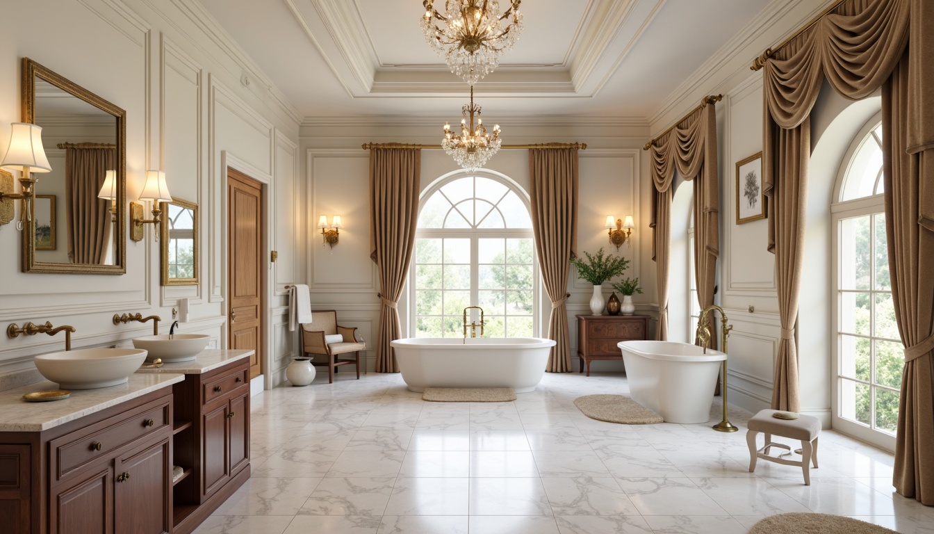 Prompt: Marble countertops, white Carrara flooring, soft cream-colored walls, ornate gold fixtures, crystal chandeliers, freestanding tubs, classic pedestal sinks, luxurious velvet drapes, subtle molding details, warm beige tones, elegant arched windows, natural stone accents, rich wood cabinetry, antique bronze hardware, sophisticated neutral palette, ambient soft lighting, 1/1 composition, shallow depth of field, realistic textures.