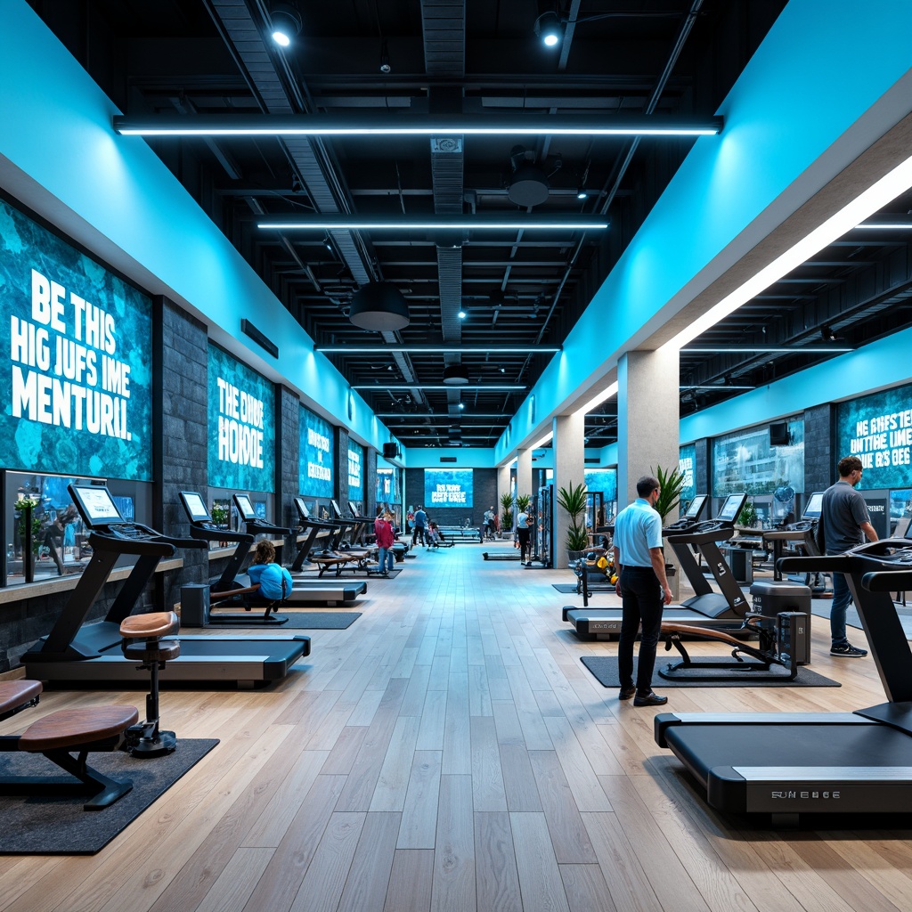 Prompt: Vibrant fitness club, light blue accents, modern equipment, motivational quotes, sleek mirrors, polished wood flooring, industrial-style lighting, energetic atmosphere, refreshing ambiance, calming color scheme, natural stone walls, minimalist decor, functional layout, spacious workout areas, dynamic shapes, bold typography, futuristic tone, high-contrast visuals, 3/4 composition, shallow depth of field, panoramic view.